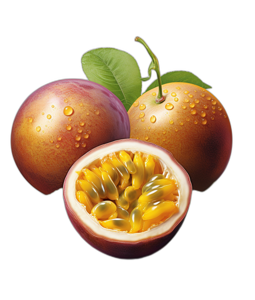 Two passion fruits and one half of the fruit are shown with water droplets on them, against a black background, in the style of a vector illustration at high resolution.