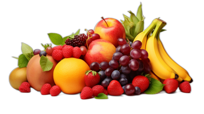 A pile of fresh fruits including apples, bananas and berries arranged on top of each other with leaves isolated against a black background. The composition includes oranges, strawberries, grapes, banana and apple. A vibrant display of natural shapes and colors. High resolution, high quality, detailed, sharp focus, professional photograph with professional color grading, soft shadows, no contrast, clean sharp focus, depth of field, in the style of film photography, beautiful lighting, volumetric lighting, cinematic.