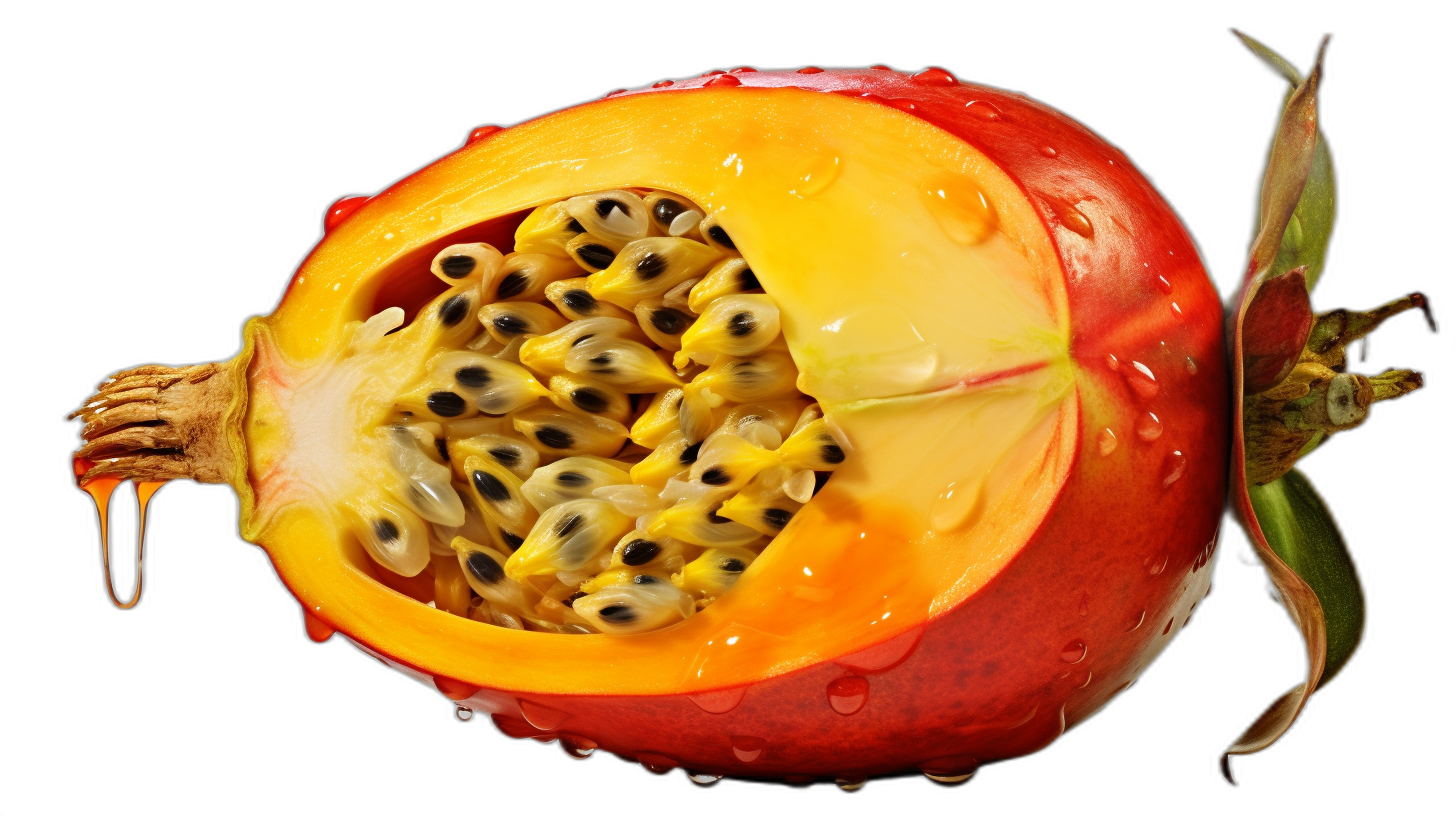 A photo of passion fruit taken in the style of [David LaChapelle](https://goo.gl/search?artist%20David%20LaChapelle), isolated on a black background, hyper realistic, high resolution.