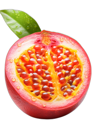 Sneak peek at the inside cross section of passion fruit, with vibrant red and yellow seeds and water droplets, on a solid black background, in the hyper realistic photographic style.