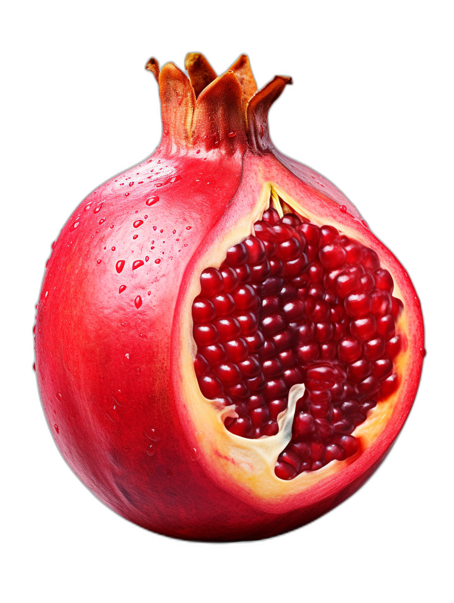 A cut pomegranate with red seeds, isolated on a black background, an ultra realistic photographic style.