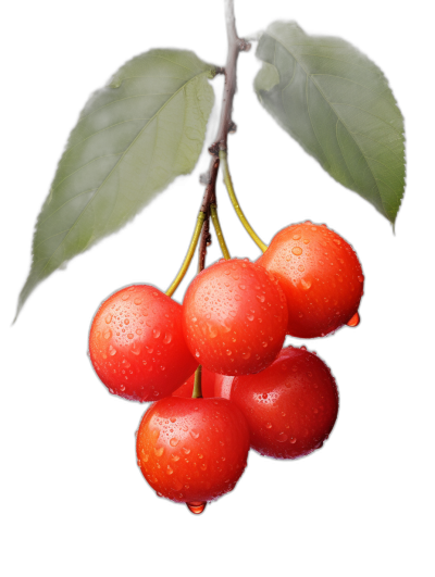 Photorealistic photo of several red cherries hanging from the branch, with water droplets on them and green leaves attached, against a black background in an isolated composition.