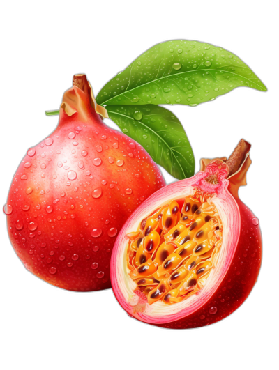 A photorealistic illustration of two pomegranates, one whole and the other cut in half with visible seeds and juice inside, isolated on a black background, with green leaves. The fruit is a vibrant red or pinkish color, covered in water droplets that enhance its appearance. This scene captures an exotic atmosphere, highlighting both fruits as beautiful eye-catching pieces for design purposes.