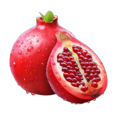 A cut pomegranate with water drops isolated on black background, realistic photo