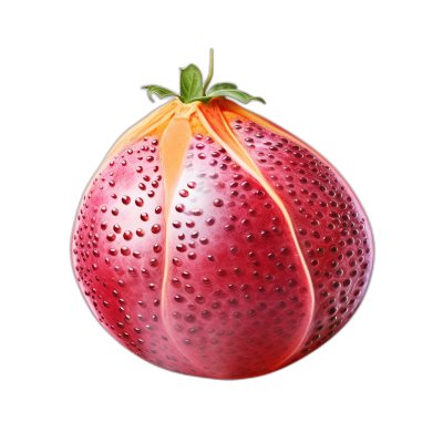 hyper realistic photo of an exotic fruit with the shape and color of strawberry, isolated on black background, close up