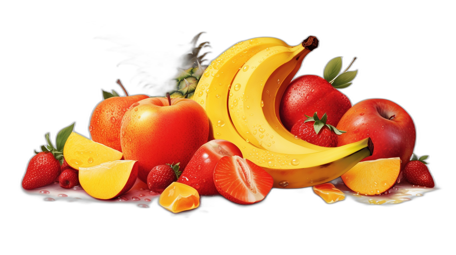 A pile of fresh fruits including apples, bananas and strawberries arranged on the right side of an isolated black background. The scene is rendered in high resolution with vibrant colors and intricate details to highlight each fruit’s texture and color. In sharp focus, there’s one banana that stands out among other pieces of apple and strawberry, with its bright yellow skin and soft shadow adding depth to the composition.