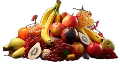 A pile of fruits and vegetables on a black background, including bananas, apples, grapes, kiwi, oranges, and pomegranate, in the style of hyper realistic photography.