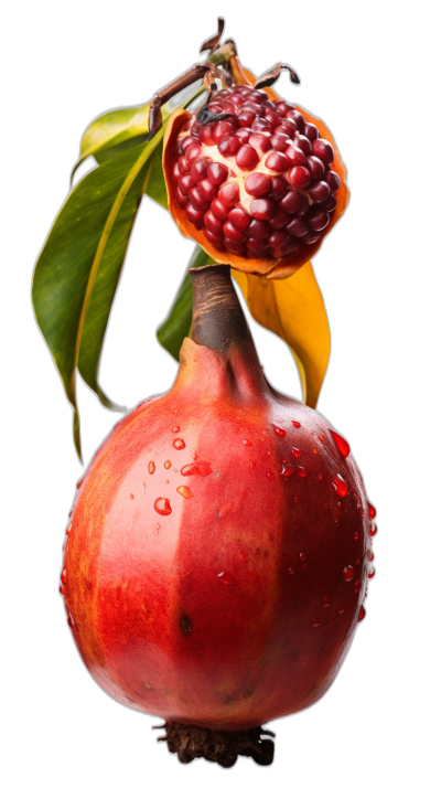 A pomegranate with leaves hanging on the top, a water droplet in its center and half of it open to reveal seeds inside, isolated black background, macro photography, hyperrealistic style, still life photography, advertising photography, advertising poster, bright colors, high contrast, strong visual impact, strong color saturation, high resolution, detail display.