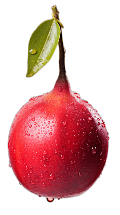 A red pear with water droplets on it, green leaves hanging from the top of its stem, isolated against a black background, a hyper realistic photographic style.