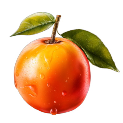 A realistic illustration of an apricot with water droplets on it, with a leaf hanging from the stem and isolated against black background. The fruit is vibrant orange in color with glossy skin that reflects light. It has detailed textures and highlights to emphasize its natural beauty. This style uses high resolution images for accurate rendering of details.