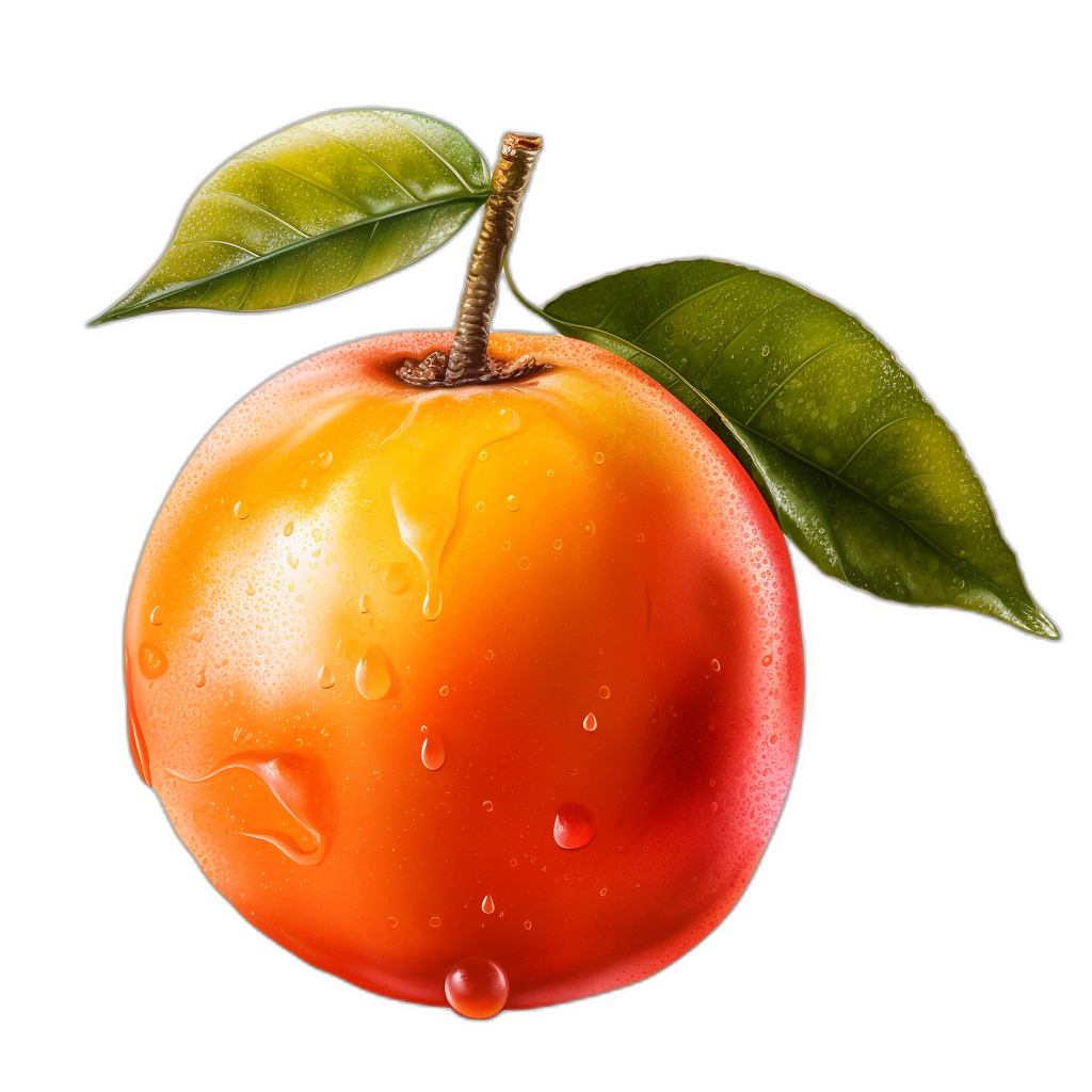 A realistic illustration of an apricot with water droplets on it, with a leaf hanging from the stem and isolated against black background. The fruit is vibrant orange in color with glossy skin that reflects light. It has detailed textures and highlights to emphasize its natural beauty. This style uses high resolution images for accurate rendering of details.