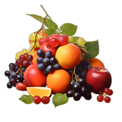 A pile of fresh fruits, including oranges and apples, with green leaves on top, grapes around the edges, and red plums at one end, isolated against black background. The fruit is vibrant in color, showcasing various shades from orange to dark blue. This composition creates an attractive visual for product packaging or branding purposes. Photorealistic style.