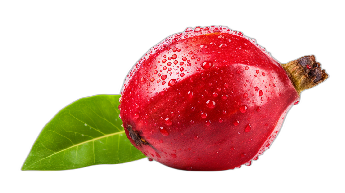 Red rain”. Pomegranate with water drops on it and green leaf isolated on black background, closeup.