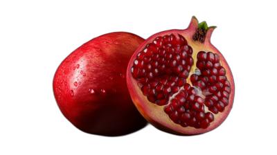 A pomegranate cut in half, isolated on a black background, in an ultra realistic photographic style.