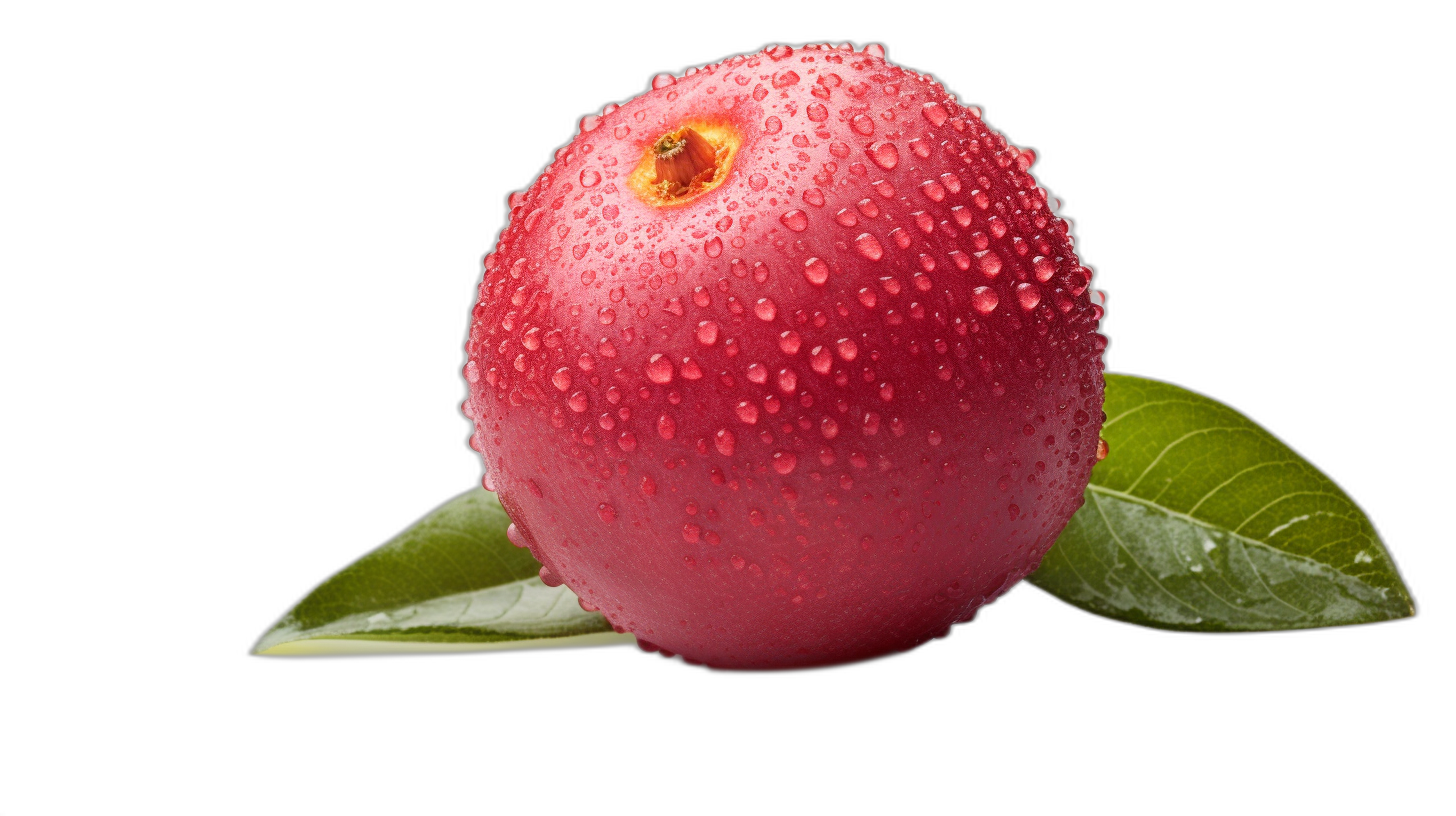 Red fruit with water droplets and a green leaf isolated on a black background, in the style of a high resolution photography, in the style of a professional photograph, using a Canon EOS