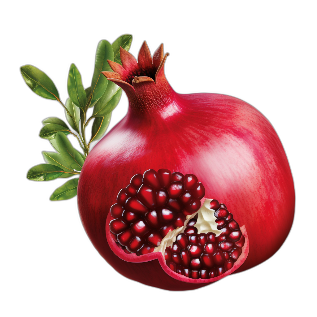 A pomegranate with leaves cut open, a realistic photo in high resolution with no background details and high detail, no shadows against a black background, no text or letters in the picture, a high definition image with only digital art and high quality with no blur.