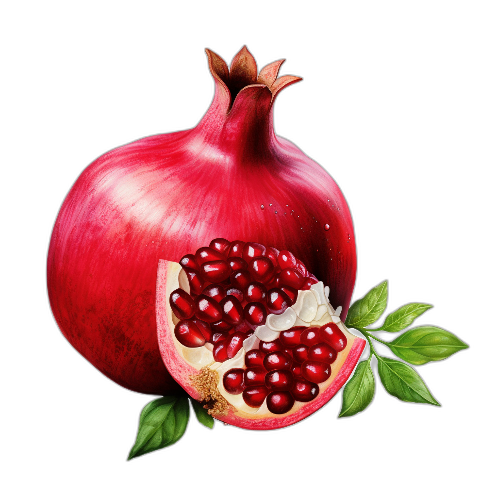 Pomegranate, realistic color drawing in the style of black background