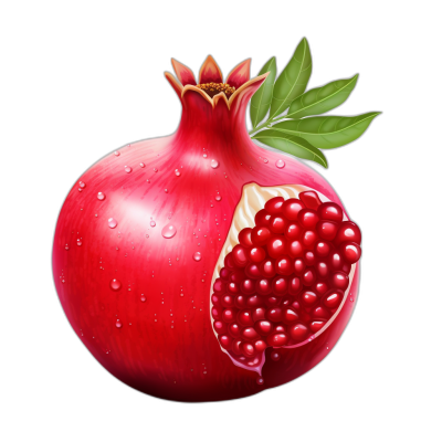 A pomegranate with leaves and water droplets, vector illustration on black background, detailed and realistic