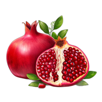 illustration of pomegranate with leaves, one half is cut open showing seeds inside, isolated on black background, high resolution vector illustration in the style of digital airbrushing, fantasy realism, detailed character illustrations, ultra realistic photography, hyperrealistic details, hyperdetailed, hyperrealistic, bright color scheme, colorful