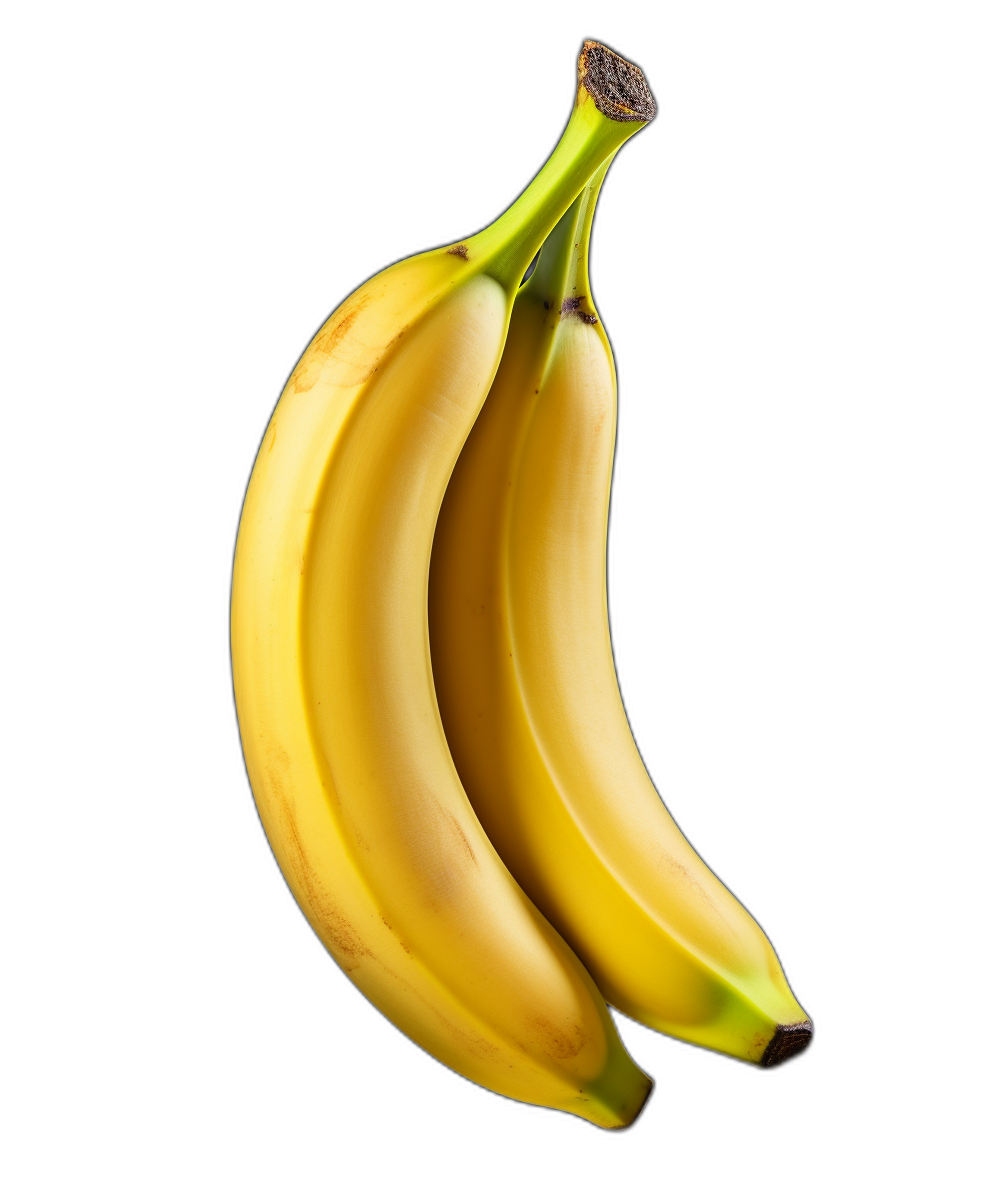 Two bananas floating in the air, isolated on a black background, in a close up shot.