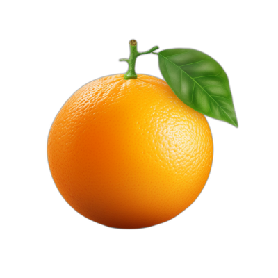 An realistic orange with a green leaf on a black background, no shadows, high resolution, no text or lettering, no watermarks, no other fruits in the picture, no blur effect, no gradient shading, and no shadow effects. In the style of photorealism.