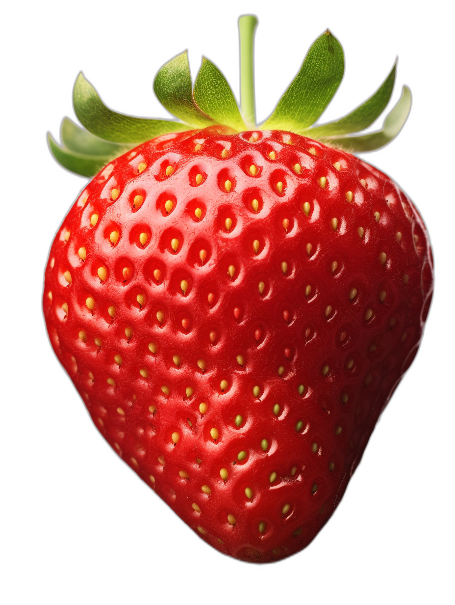 A strawberry, super realistic photo, high resolution, high detail, black background, closeup