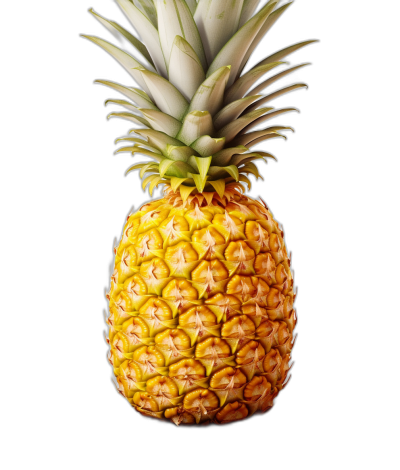 A pineapple suspended in the air against a black background, rendered in a photorealistic, hyperrealistic close-up front view style in high resolution photography.