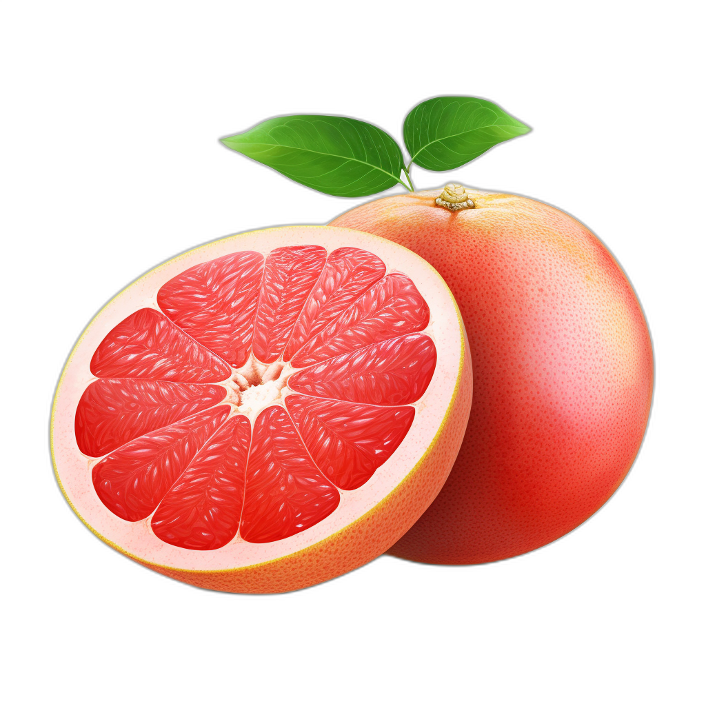 Gucci-style grapefruit, vector illustration on a black background, cut in half with green leaves and the inside of one slice visible. The fruit is pinkish red and juicy. Highly realistic. High resolution. In the style of Gucci.