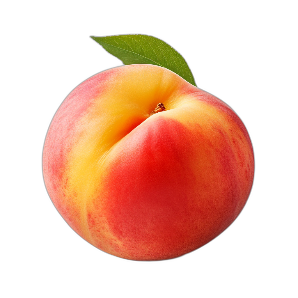 A fresh and juicy peach with leaves on top, isolated against a black background. The peach is a bright yellow-orange color with pink blush near its core. There is no shadow or reflection in it. It has perfect lighting and shadows. This is a high resolution photograph in the style of photography.