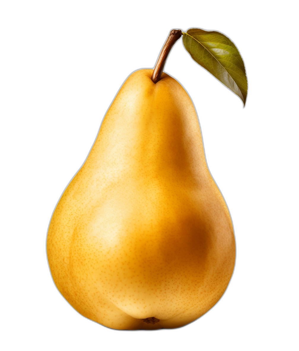 A yellow pear with leaves at the top, on an isolated black background, in the ultra realistic photographic style.