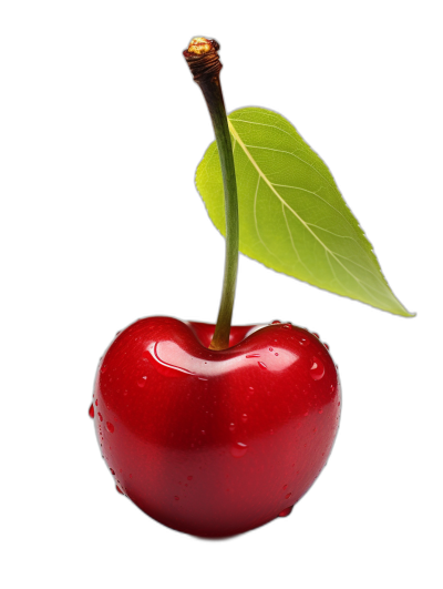 A cherry with water droplets on it, a green leaf hanging from the stem of one side of its top and black background. The fruit is red in color and has no shadow or reflection. It's placed against a pure black backdrop. There should be no other elements present except for the single leave that hangs off to the left. This will create an isolated object.