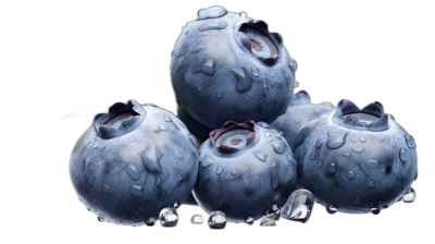 A few blueberries with water droplets on them, on a black background and in the style of ultra realistic. High resolution photography, high quality detail rendering, high definition, ultra clear.