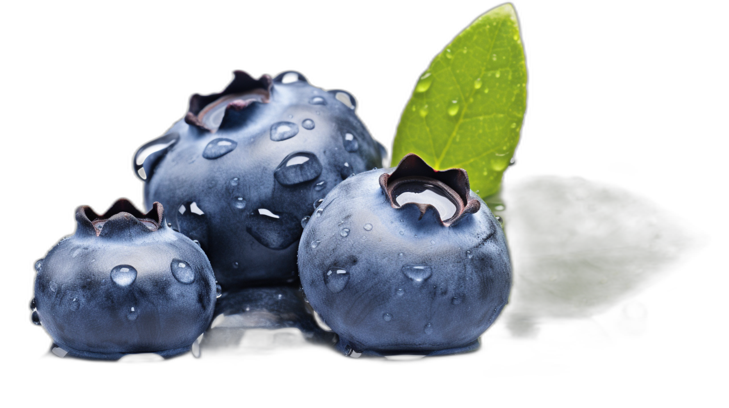 3 realistic blueberries with water drops on them, with one leaf in the background, isolated black background, macro photography, in the style of advertising photo