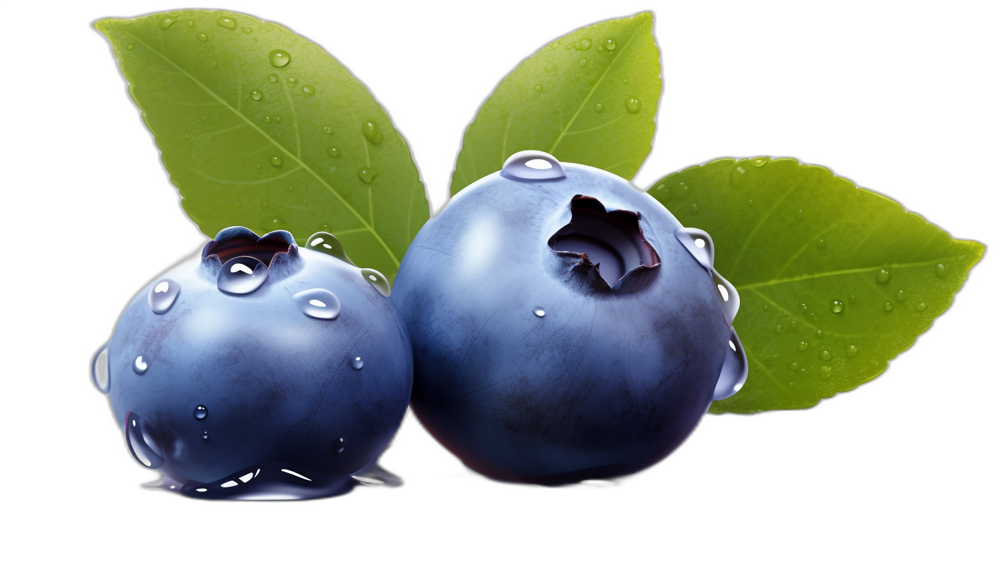 two realistic blueberries with leaves, water drops on them, isolated black background, digital art in the style of Pixar and Disney