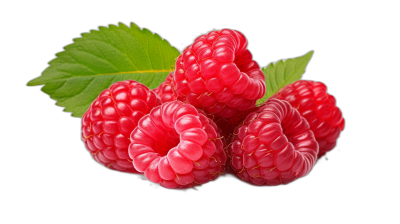 Raspberries with leaves isolated on a black background, in a close up view with high resolution photography in the style of a professional photograph. The raspberries are depicted in a hyper realistic and ultradetailed style with vibrant colors, sharp details and high contrast, as if professionally color graded. The raspberries are isolated on a white background.