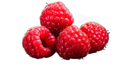 3 fresh raspberries, closeup shot, isolated on black background, high resolution photography