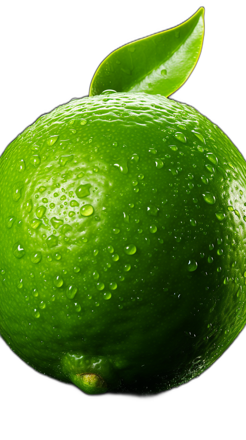 Green lime with water droplets on it and a leaf in front of a black background, in the style of hyperrealism. High resolution, high detail photography captured with a macro lens from a high angle front view. High definition with high sharpness, high color saturation, high brightness and high contrast. Bright colors are featured.