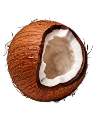 a realistic photo of an open coconut from the top, isolated on black background, high resolution photography