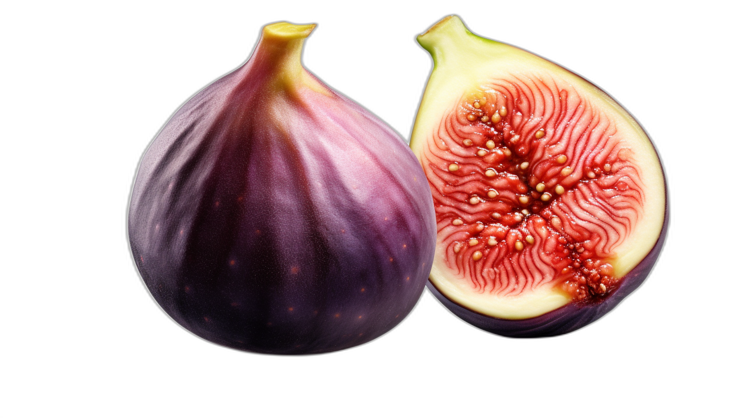 one whole fig and one cut in half fig isolated on black background, studio shot, photorealistic, 3d render, hyper realistic