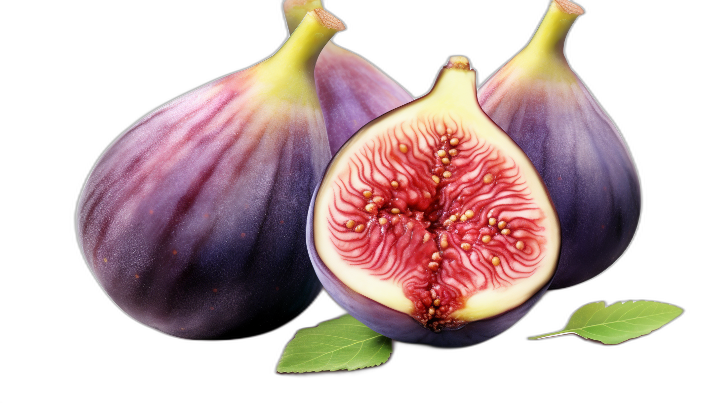 high resolution, hyper realistic two whole figs and one cut in half with the center showing vibrant purple color on black background