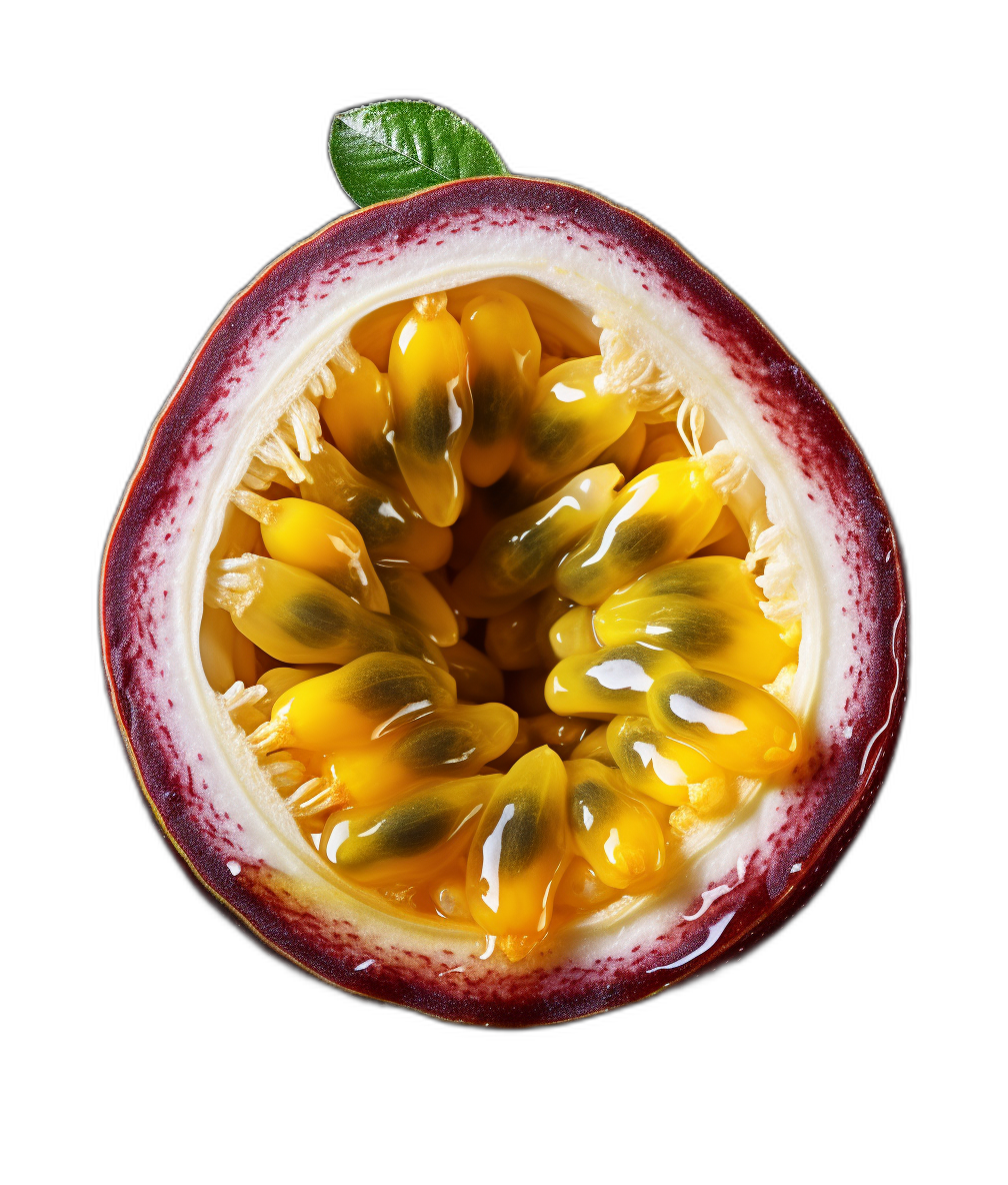 top view of passion fruit in cross section, isolated on black background, macro photography, studio lighting, advertising photo shoot, proffesional food photographer