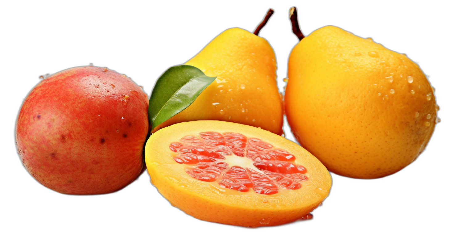 A photo of several mangoes, one pear and an orange cut in half with water droplets on them against a black background. The mango is yellowish red with green leaves and the fruit has pink to dark purple inside. One apple is also visible. The photo is in the style of a still life.