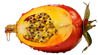 Surrealistic photography of the inside view of passion fruit, highly detailed, with vibrant colors, isolated on a black background with studio lighting. The photograph is in the style of surrealistic photography.