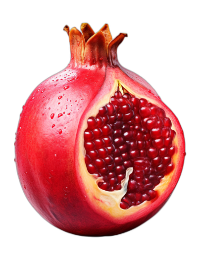 A cut pomegranate with seeds visible, isolated on black background, photorealistic, hyperrealism, professional photography, high detail