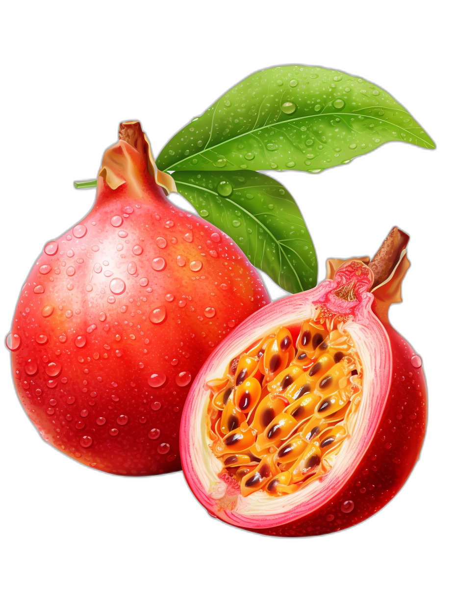 pomegranate and passion fruit with leaves, water drops, hyper realistic illustration, black background, high resolution, high contrast