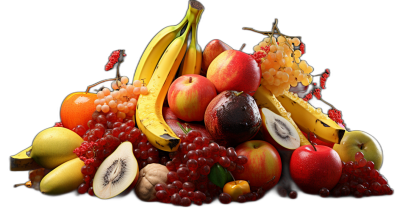 A pile of various fruits, including apples, bananas, grapes, oranges, and pomegranates, against a black background, rendered in a photorealistic, hyper realistic style.