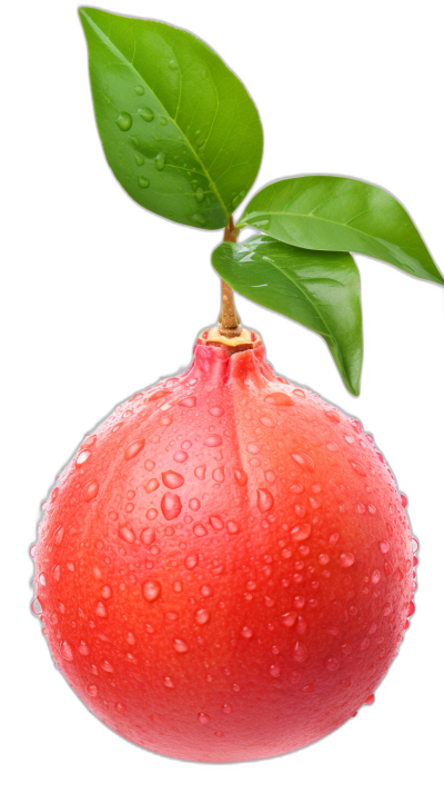 A red tangerine with water droplets on it, green leaves growing from the top of its stem, isolated object, black background, high resolution photography