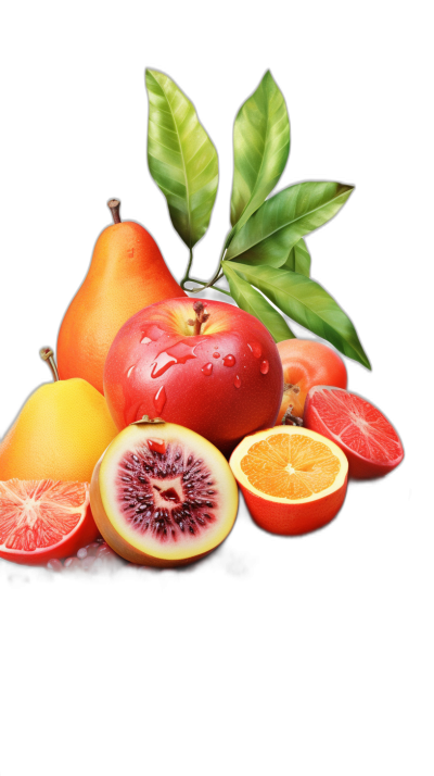 fruits on black background, apple orange grapefruit pomegranate mango, green leaves, hyper realistic photography