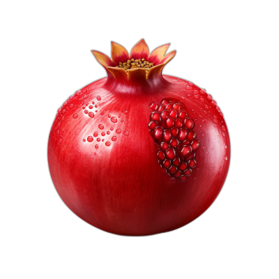 A realistic pomegranate with detailed texture and vibrant red color, set against black background. The fruit is in full view, showcasing its unique shape and the delicate seeds within.