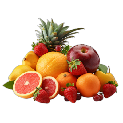 Fruit pile with apples, oranges, pineapple, grapefruit, strawberries, and bananas isolated on a black background in a high resolution photograph.